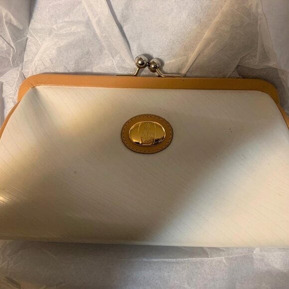 MARK CROSS Leather Clutch Bag; White with Tan Trim, Vintage 1980s with Dust Bag
